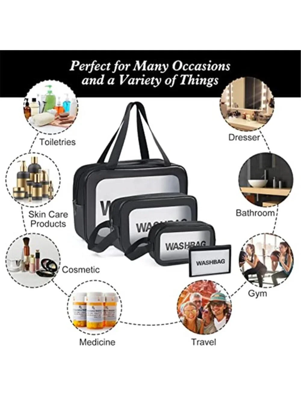 4pcs PU Leather Portable Toiletry Bags with Handle, Translucent